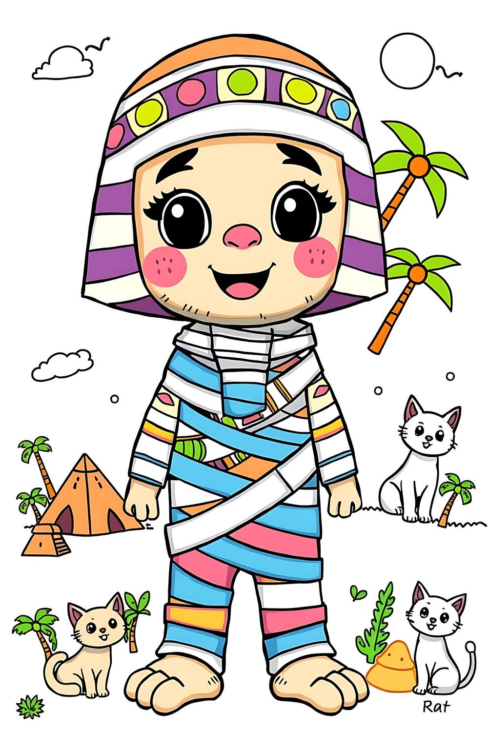 Cute Egyptian mummy coloring page for kids, colorful and fun!