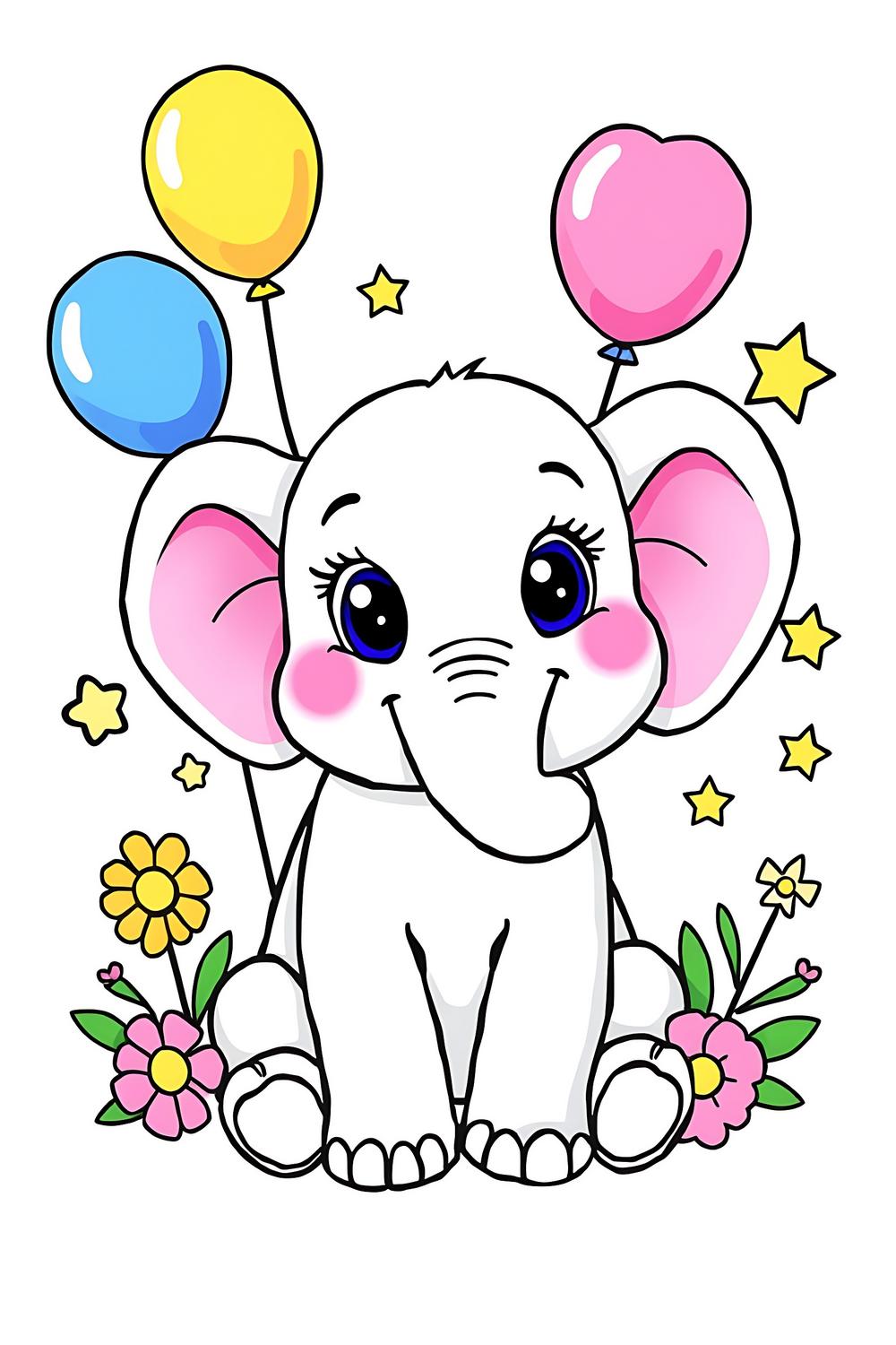 Cute elephant coloring page for kids, colorful cartoon style