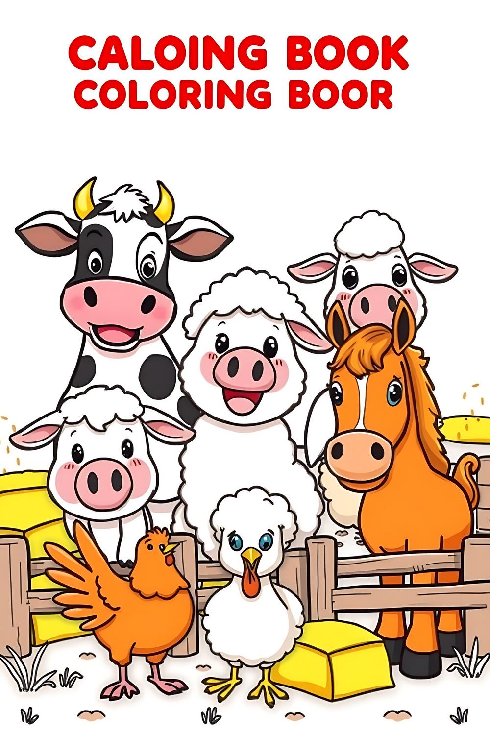 Cute farm animals coloring book for kids with illustrations of cows, pigs, sheep, and more.