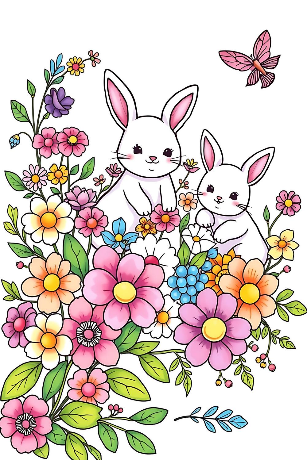 Colorful cute floral animal coloring page featuring vibrant flowers and adorable animals