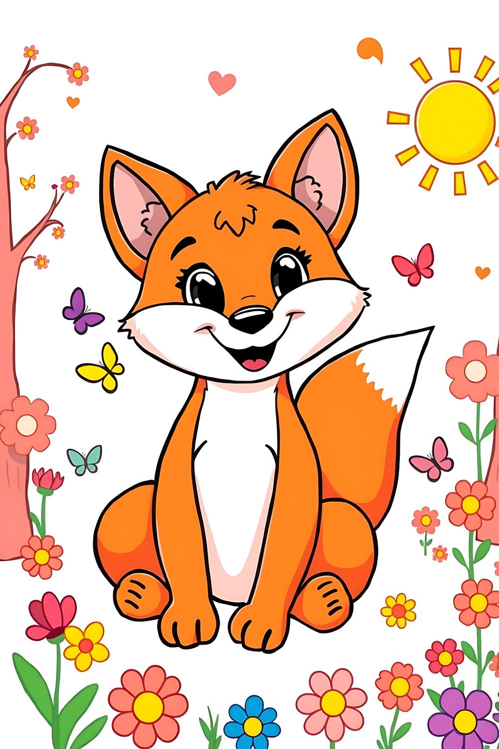 Adorable cute fox coloring page for kids with flowers and butterflies