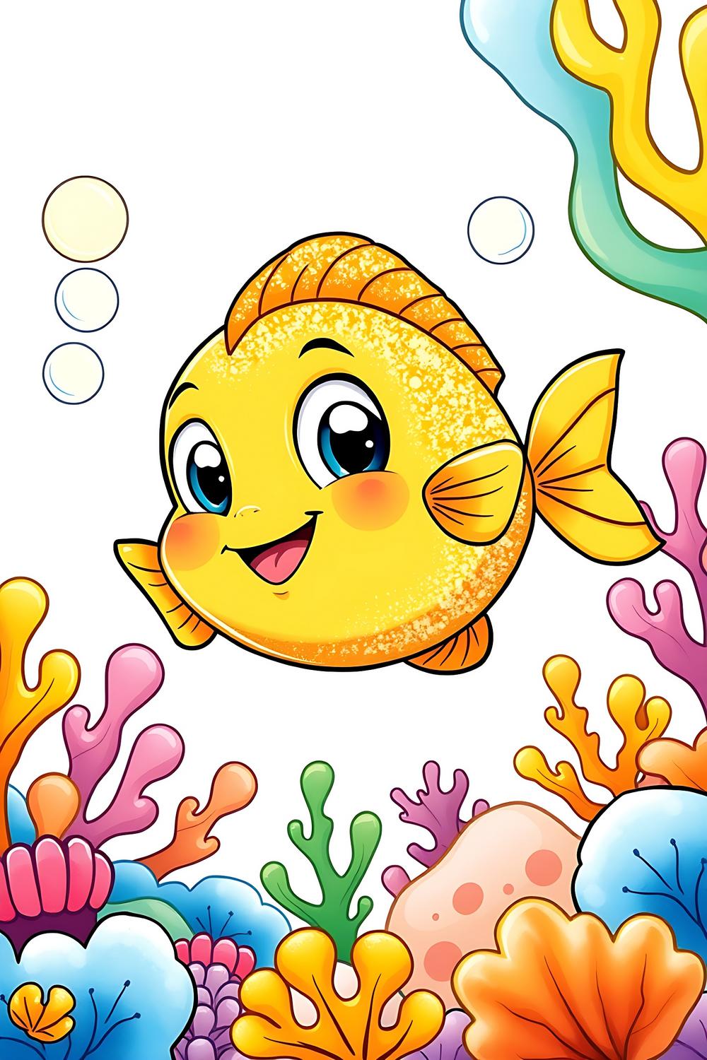 Cute golden fish coloring page designed for kids, featuring vibrant underwater elements.