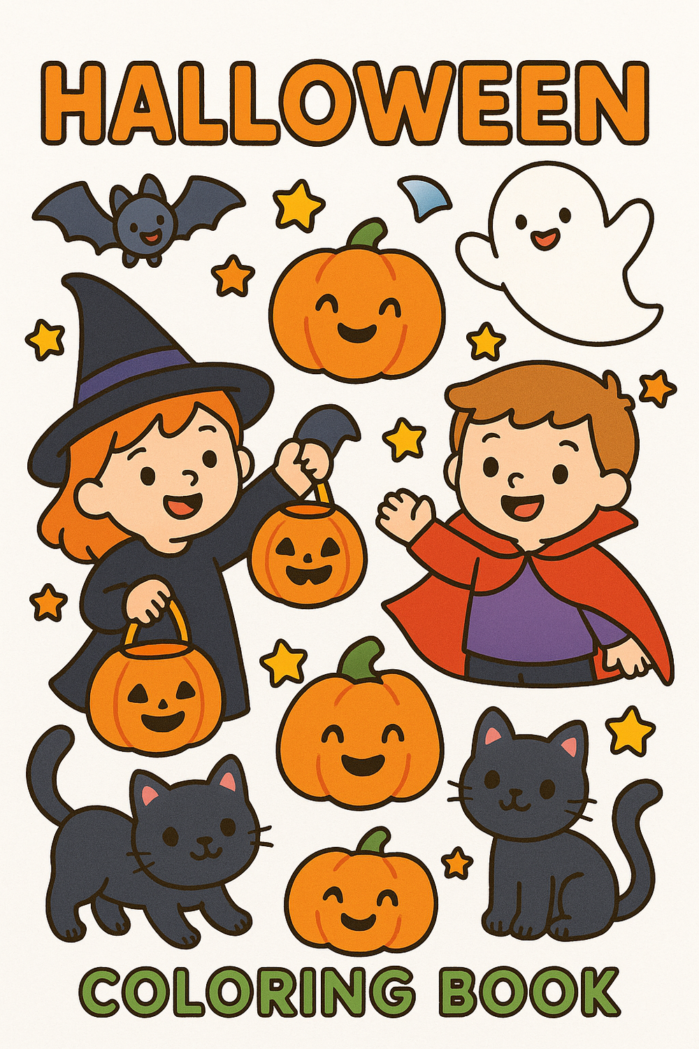 Colorful Halloween-themed children's coloring book with smiles and joy.