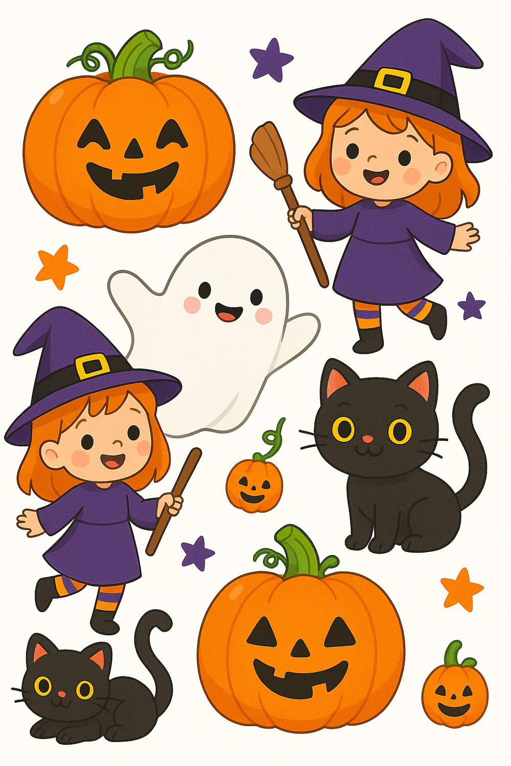 Charming Halloween coloring pages featuring pumpkins, ghosts, and witches for kids