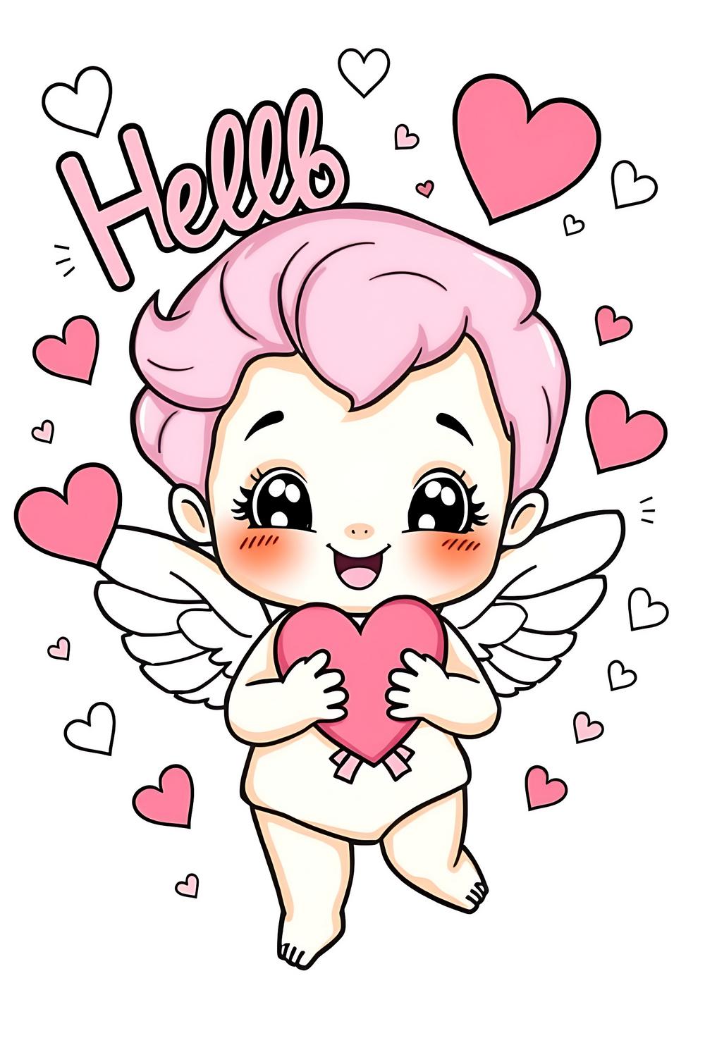 Cute Hello Cupid coloring pages featuring adorable cartoon cupid characters for kids.