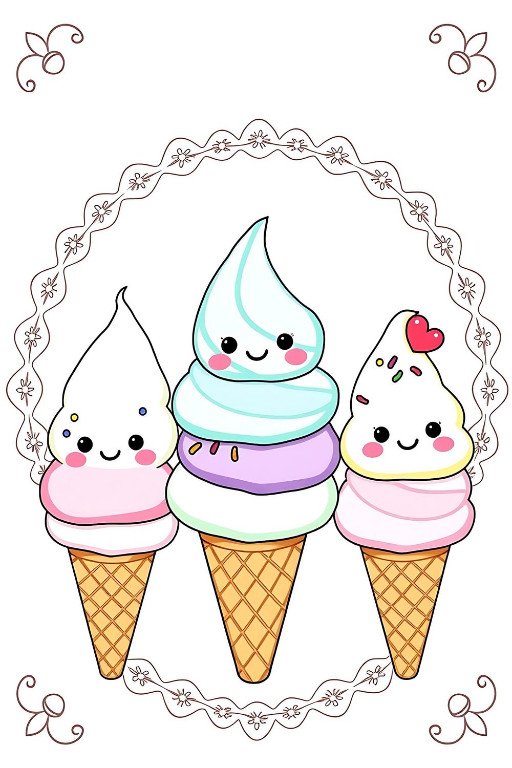 Cute colorful ice cream characters with happy faces, perfect for kids' coloring books.