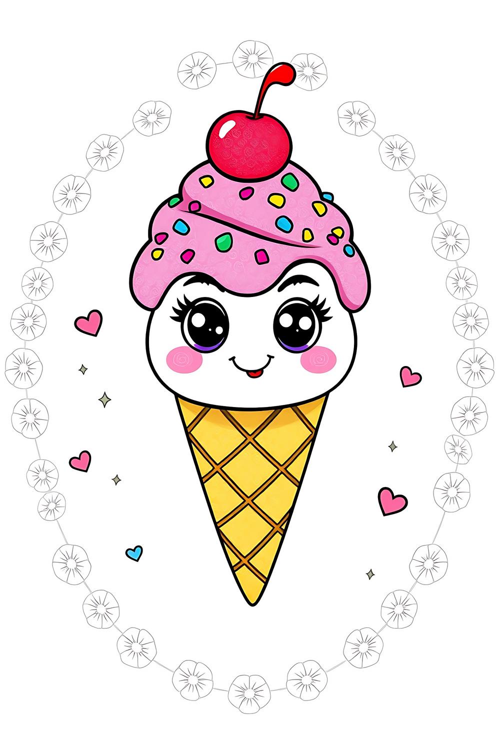 Cute colorful ice cream cone character with big sparkling eyes and a smiling face.