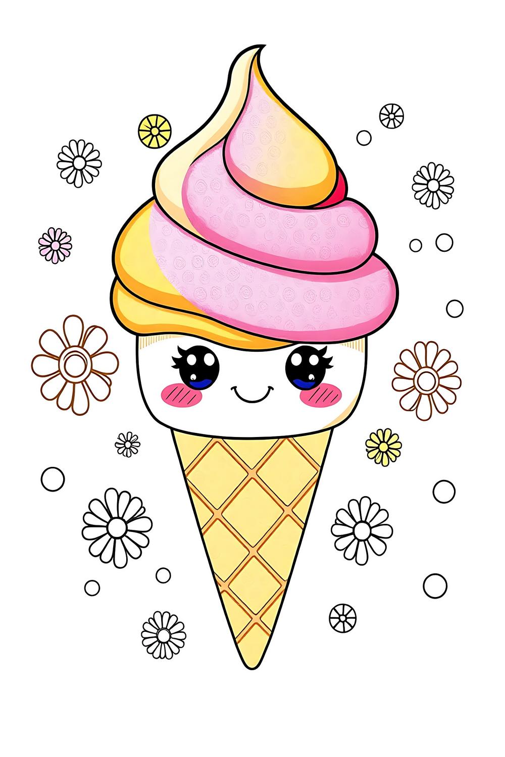 Cute ice cream cone coloring page for kids with sparkling eyes and lace patterns