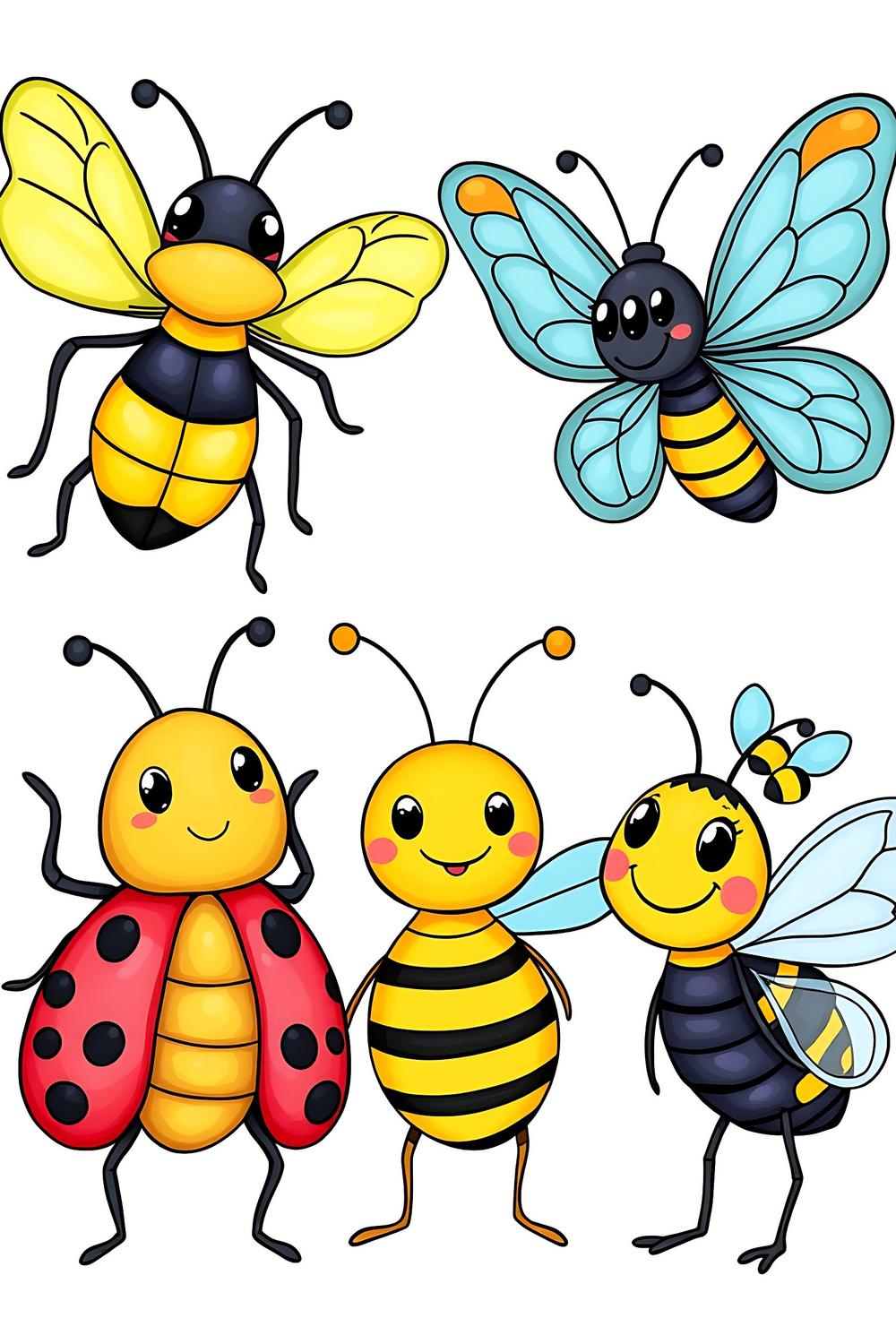 Hand-drawn coloring pages featuring cute insects like butterflies, ladybugs, and bees.