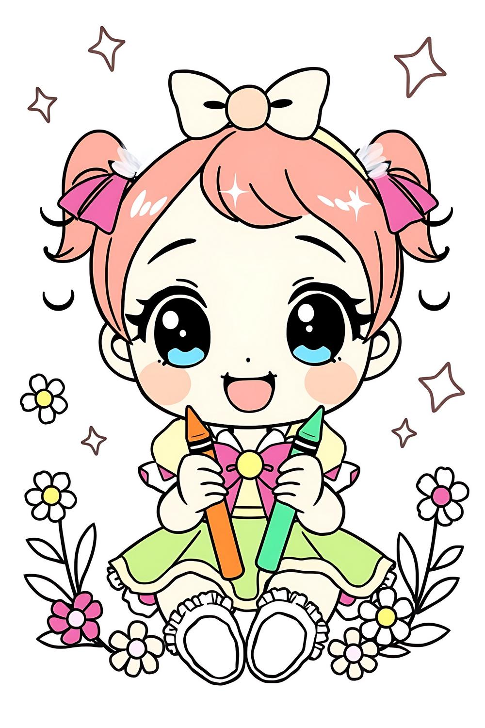 Cute kawaii anime girl coloring page for kids.