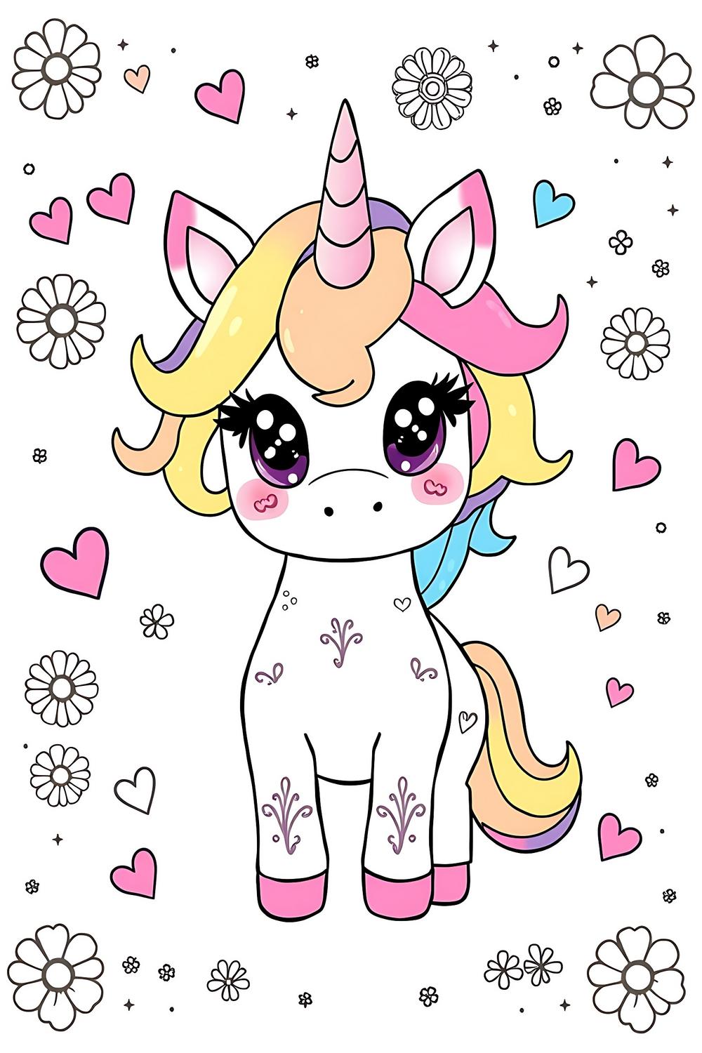 Cute kawaii unicorn coloring page with cheerful designs for kids