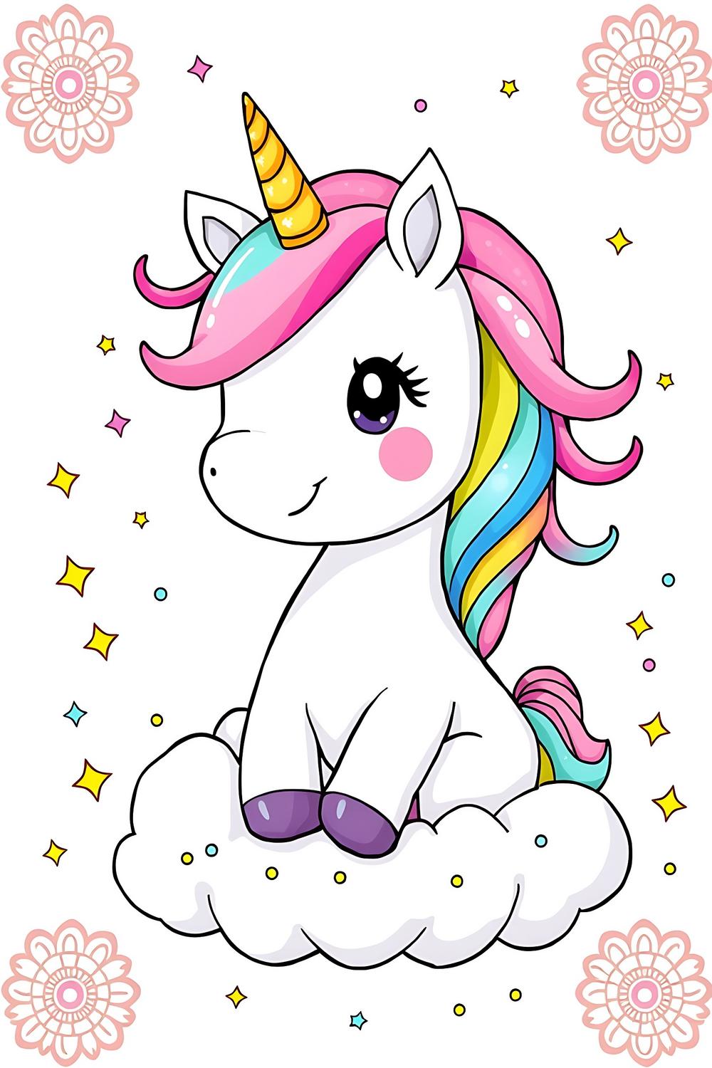 Cute Kawaii Unicorn smiling happily with colorful pastel mane on fluffy clouds.