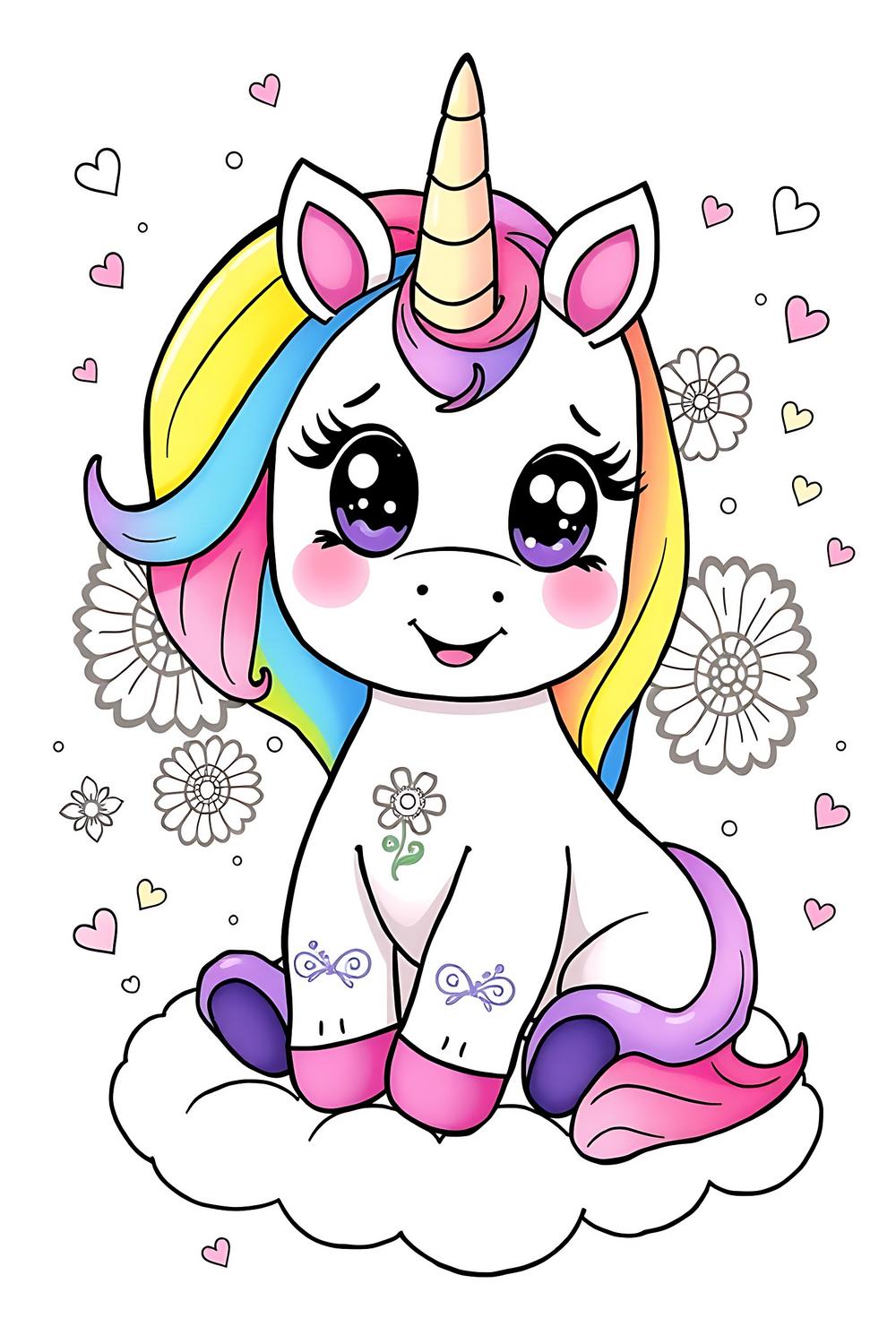 Adorable kawaii unicorn coloring page for kids with pastel colors and intricate patterns