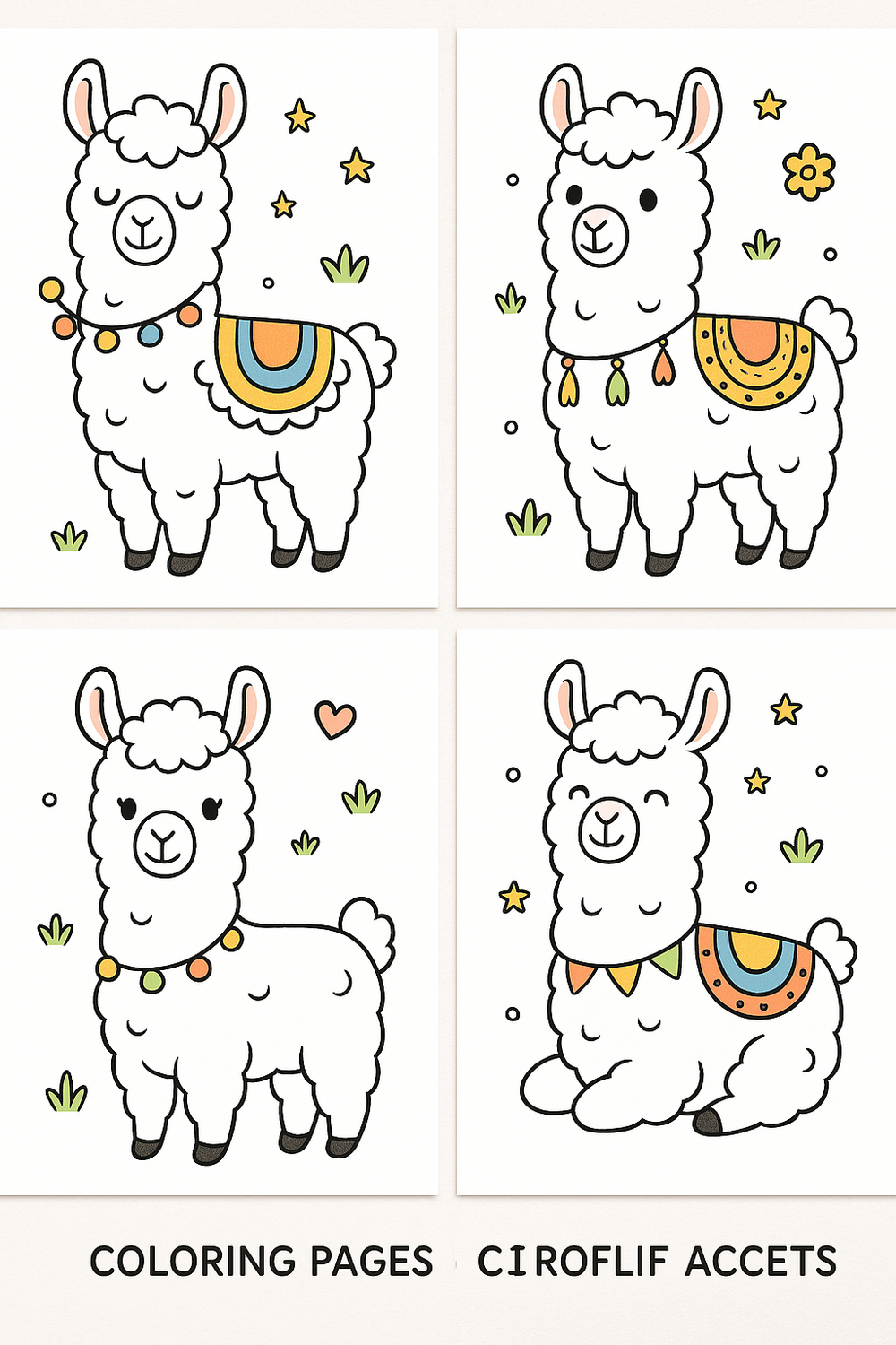 Cute llama coloring pages with unique hand-drawn designs for kids