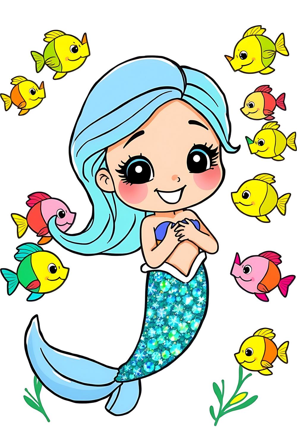 Cute mermaid feeding colorful fishes in a bright coloring page.