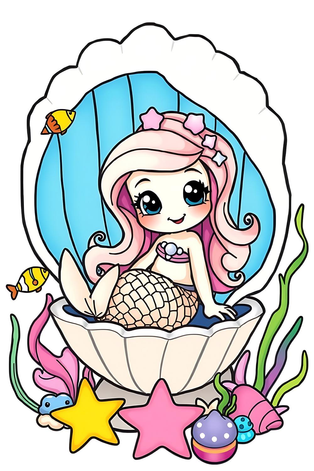 Cute mermaid sitting inside a seashell, vibrant and playful coloring page for kids.
