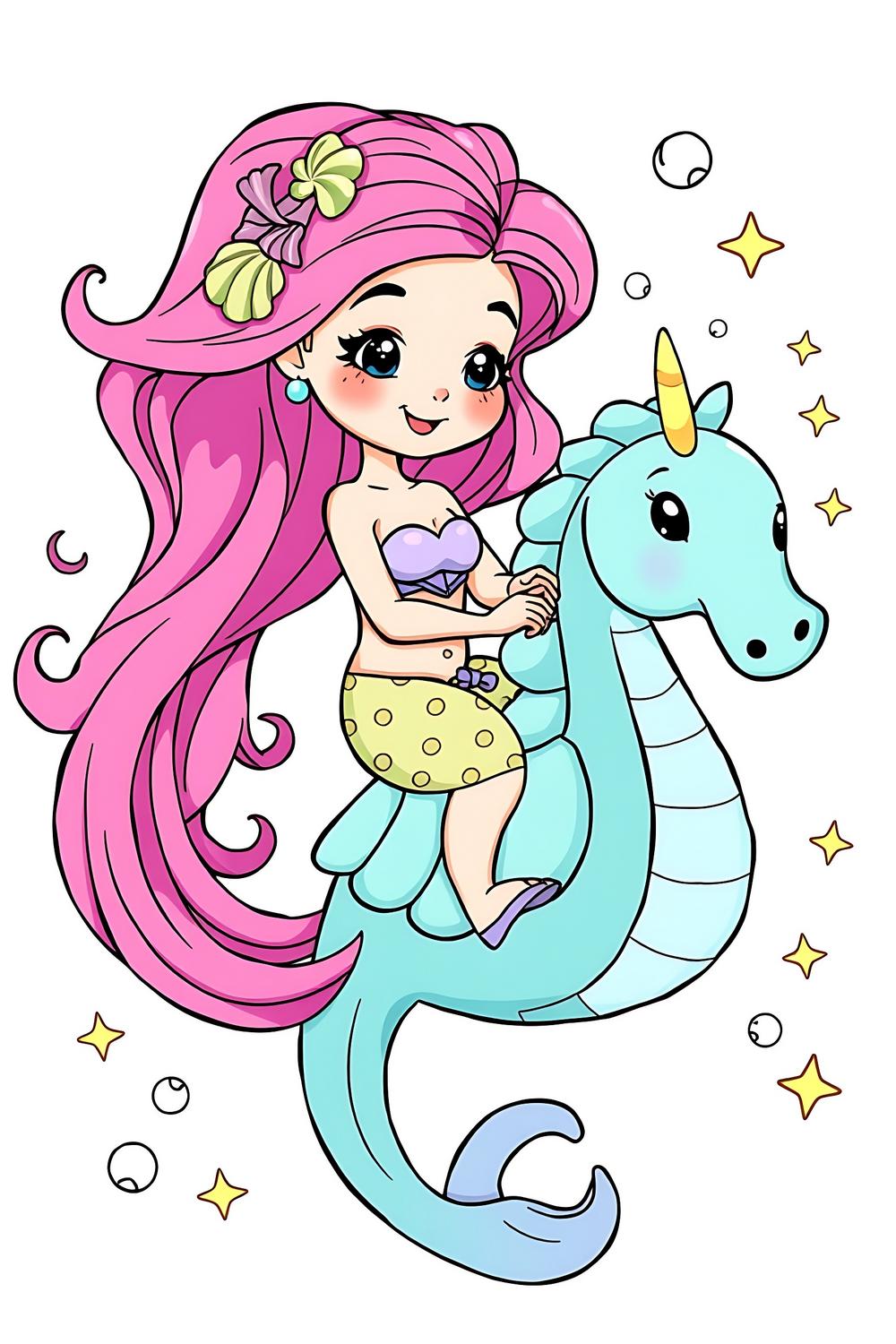 Cute mermaid riding a cheerful seahorse coloring page for kids.