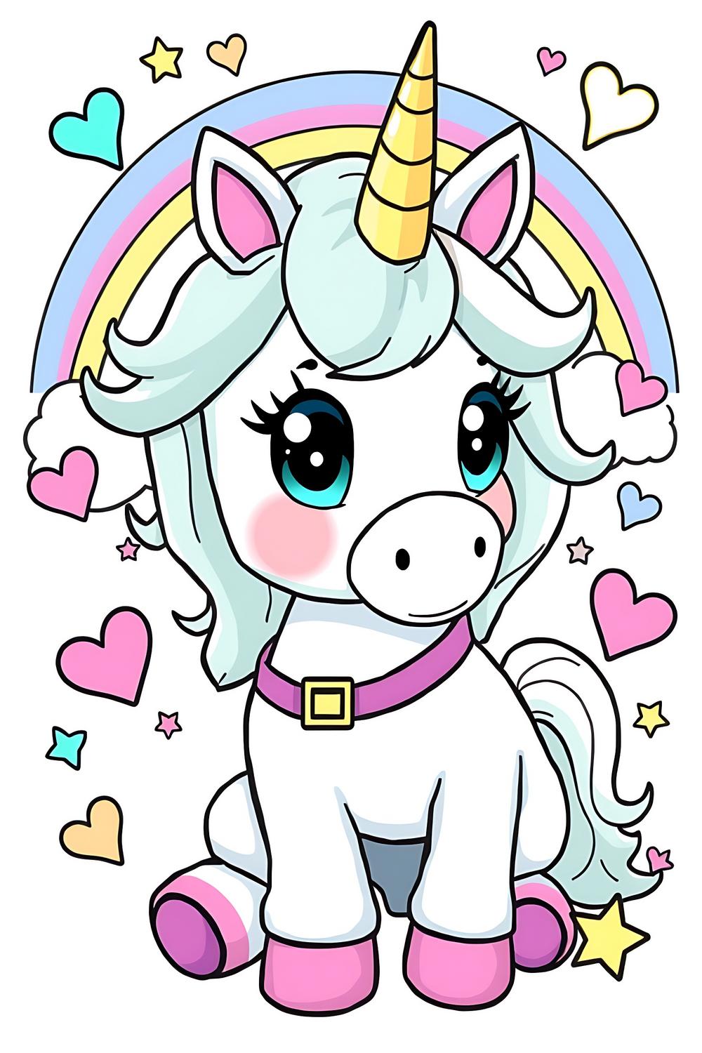 Cute mint unicorn coloring page featuring playful elements like stars and hearts.