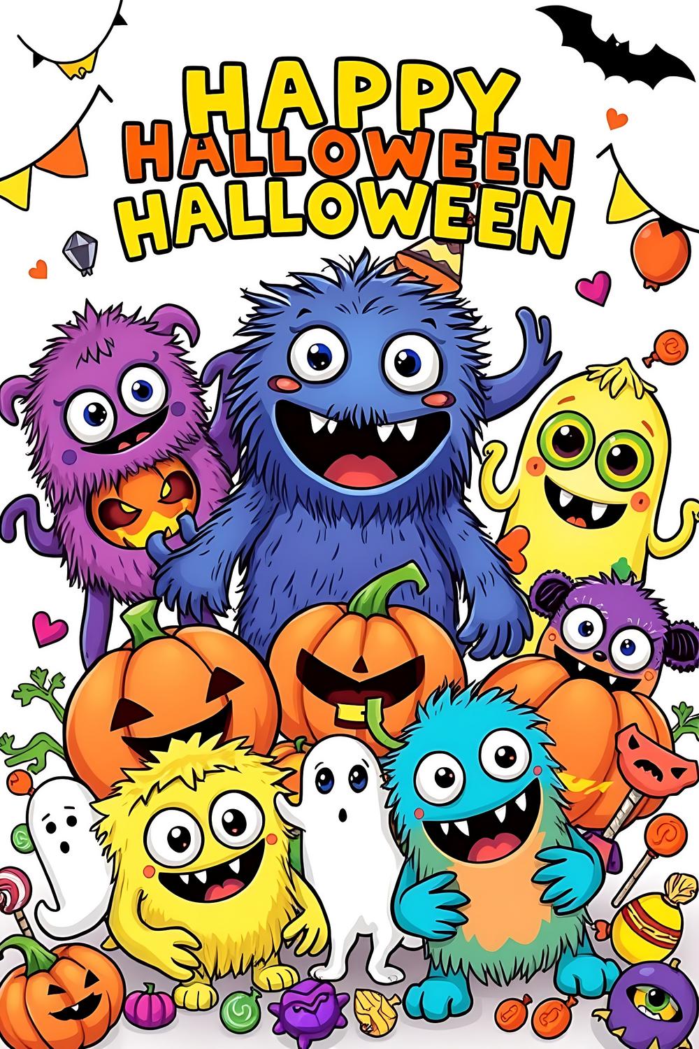 Cute Halloween monster coloring pages for kids featuring fun designs