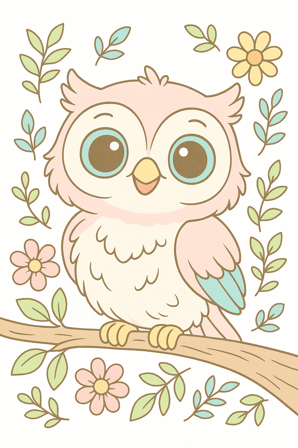 Cute owl coloring page with fluffy designs and vibrant colors, perfect for kids.