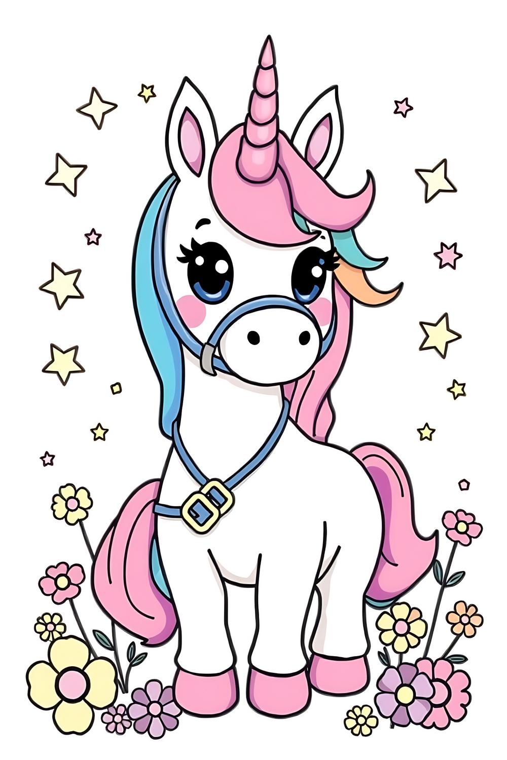 Cute unicorn in bridle coloring page for kids, perfect for creativity and fun