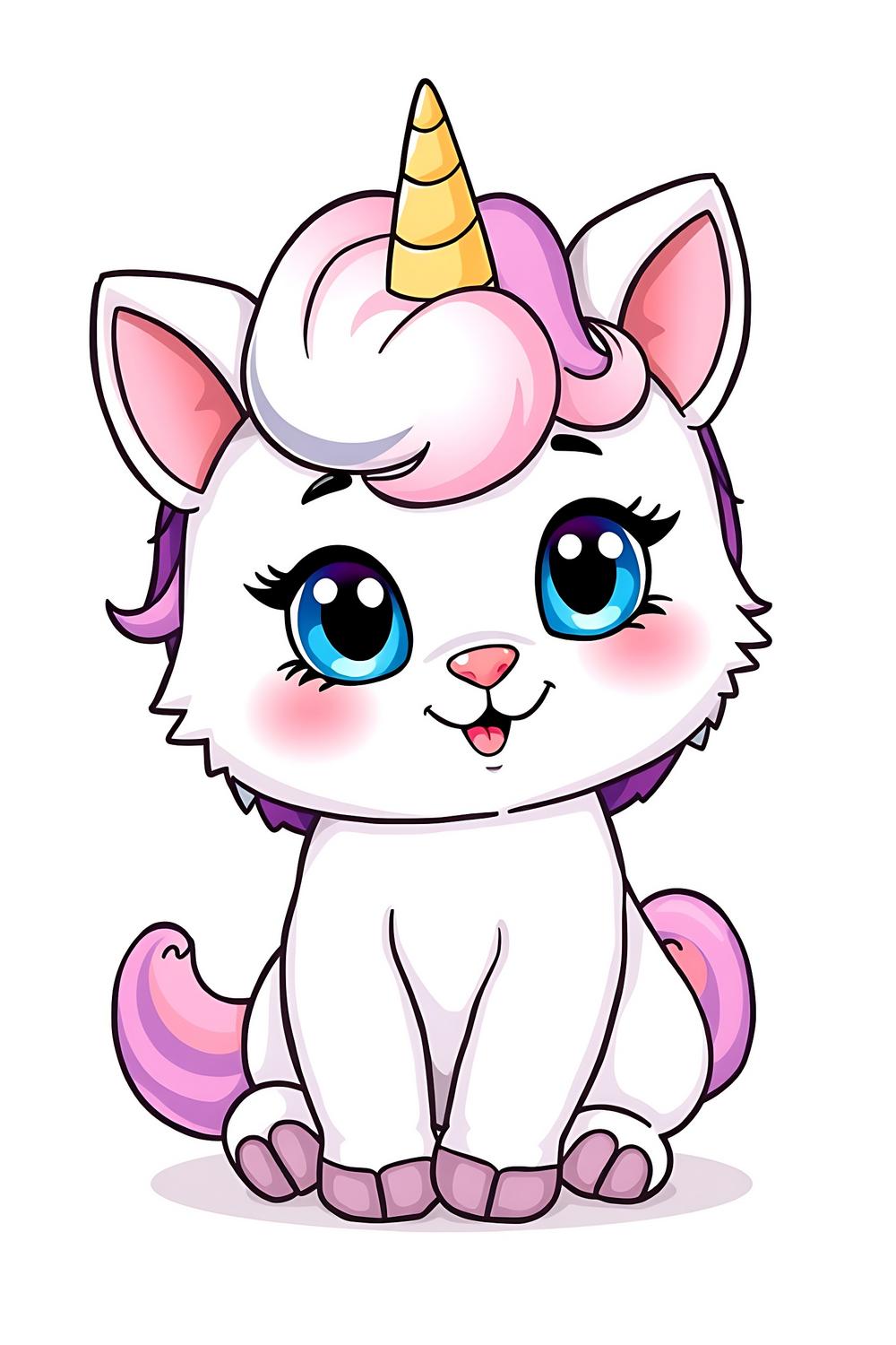 A colorful illustration of a cute unicorn kitten in chibi style.