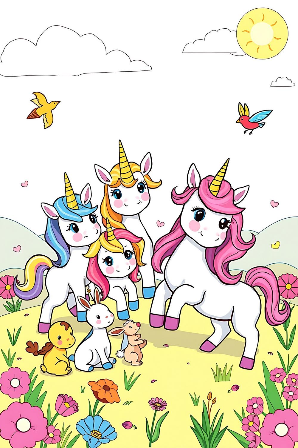 Cute unicorns playing together in a colorful landscape for kids to color