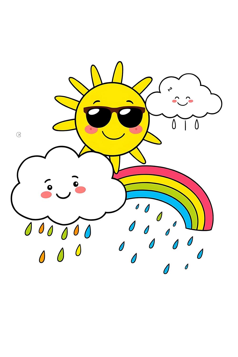 Cute weather coloring page featuring a sunny day with a rainbow and playful clouds.
