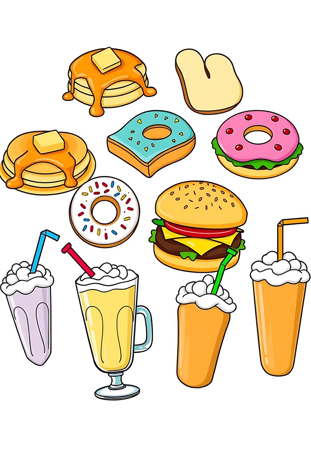 A variety of colorful food items for kids to color, including pancakes, donuts, cheeseburgers, and milkshakes.