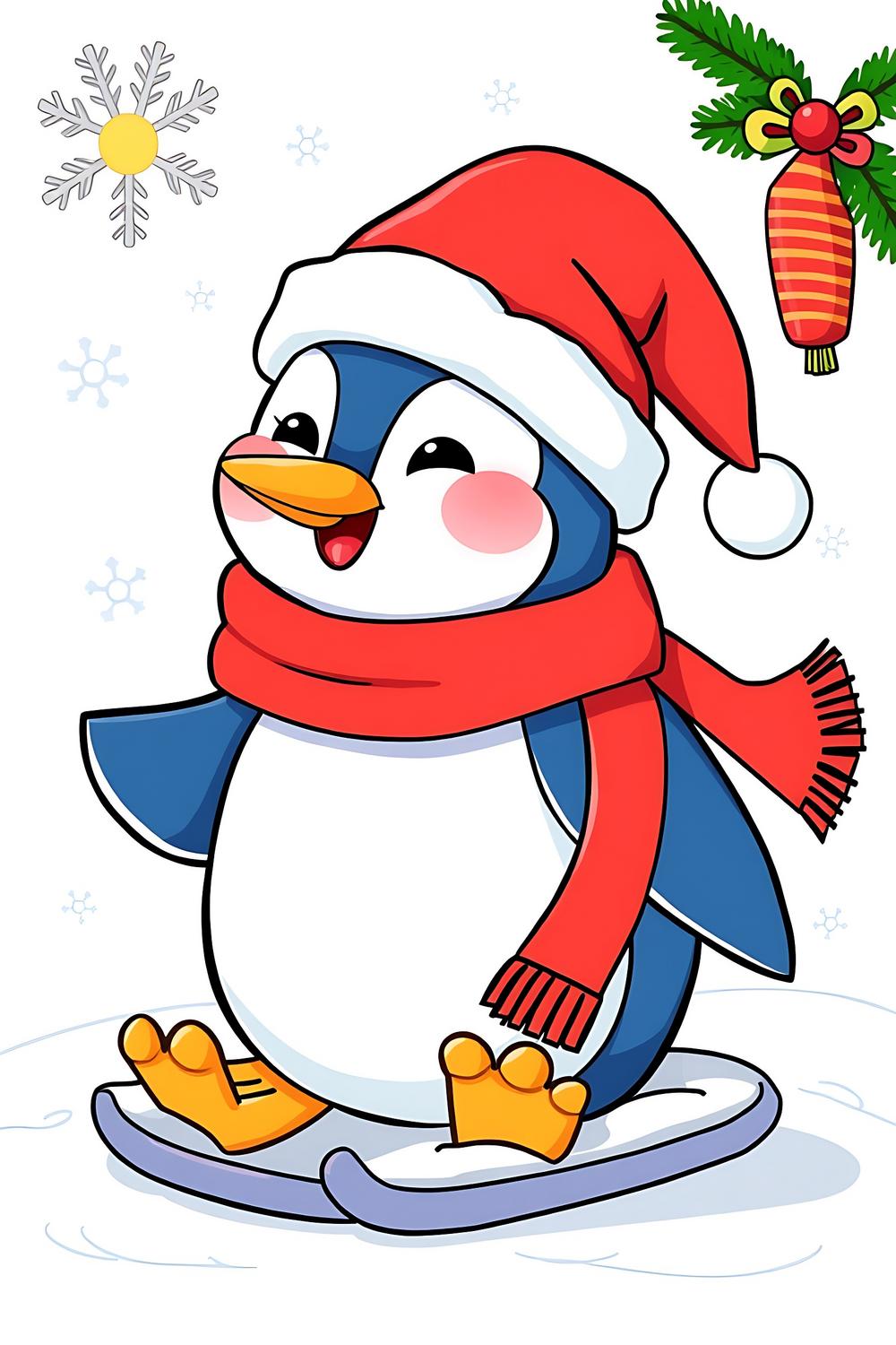 Cute cartoon Christmas penguin coloring page for kids