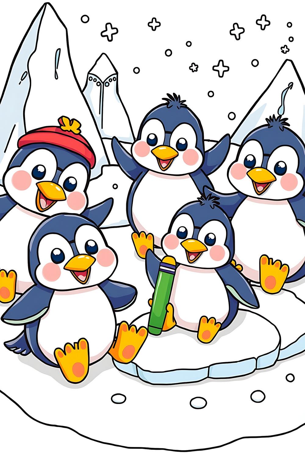 Cute penguin coloring page for kids featuring charming designs and vibrant icebergs.