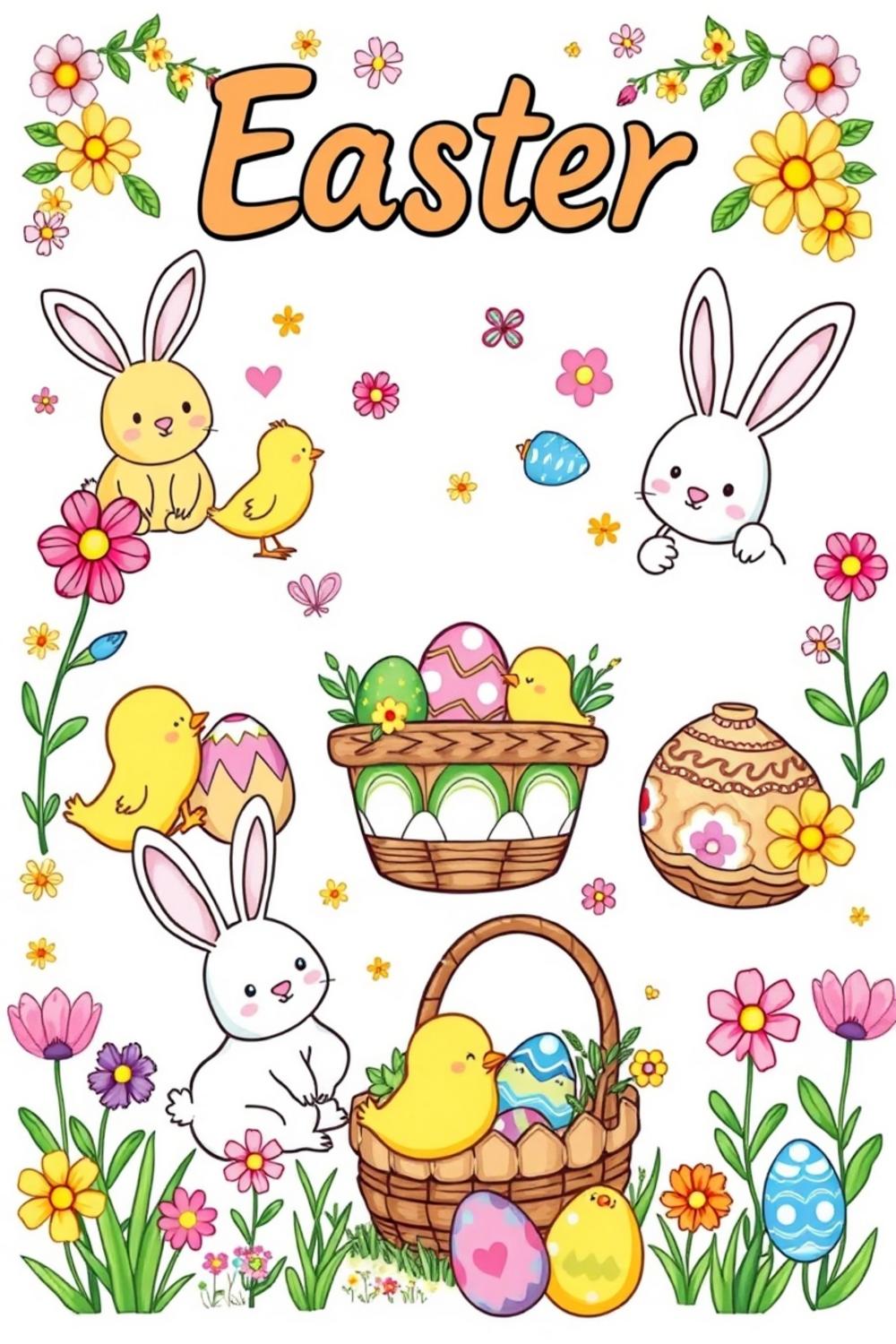 Seven unique Easter coloring pages featuring bunnies, chicks, and colorful eggs