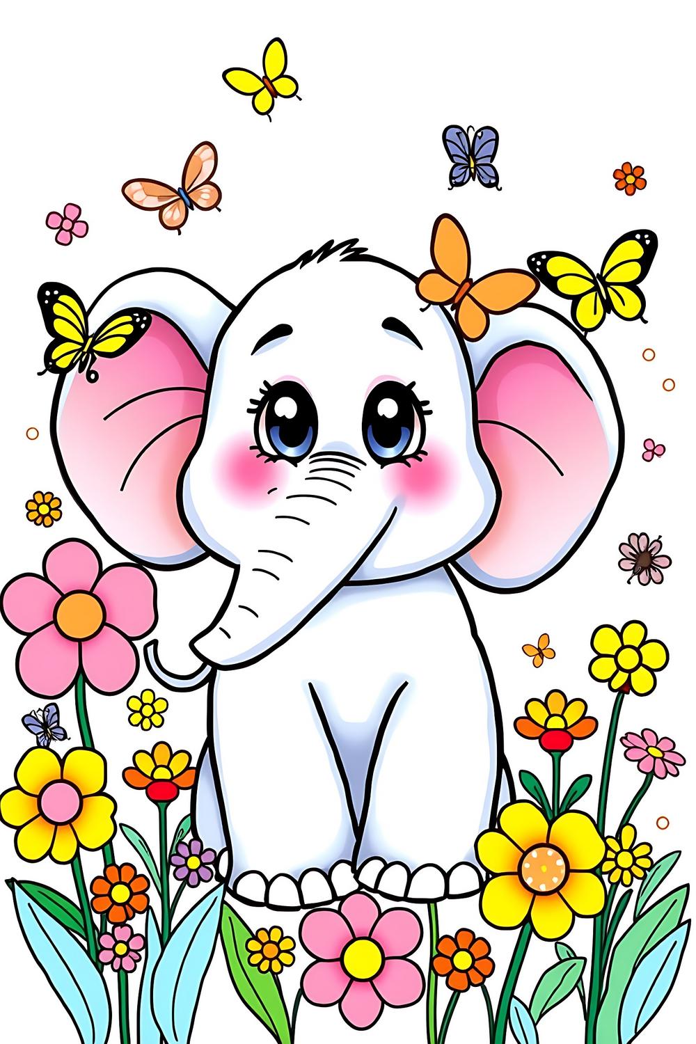 Colorful cartoon elephant surrounded by flowers for kids coloring book
