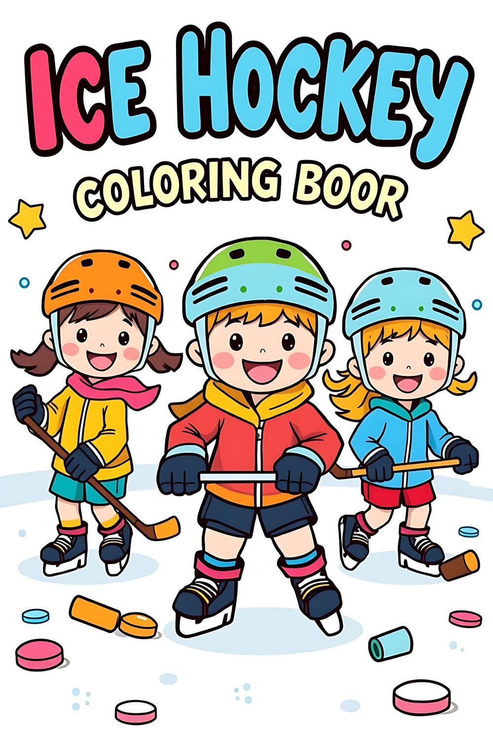 Colorful illustration of kids playing ice hockey for a fun coloring book cover.