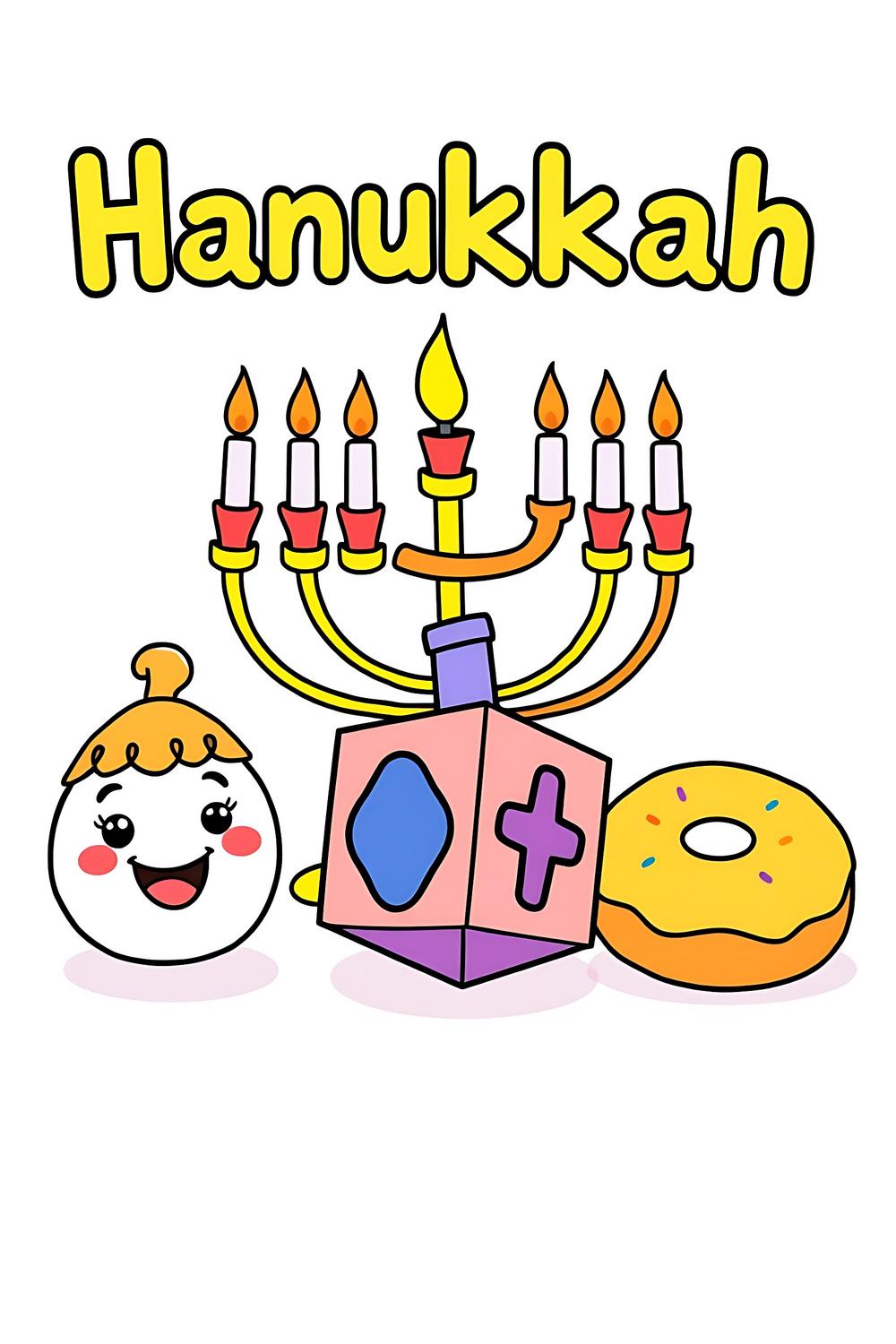 Colorful Hanukkah-themed coloring pages for kids featuring a dreidel and menorah.