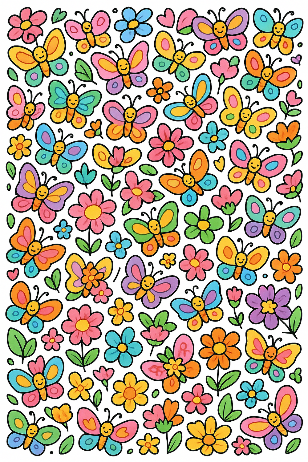 Cute butterfly coloring page for kids with smiling faces, bright flowers, and playful scenes.