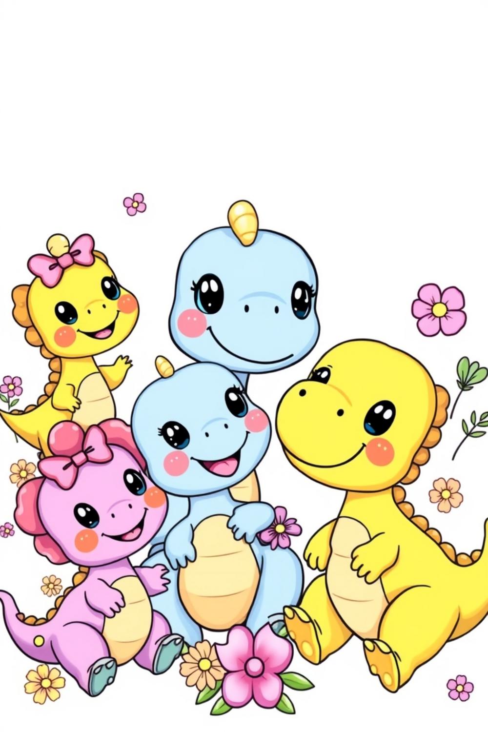 Cute baby dinosaur coloring pages for kids, featuring smiling dinosaurs in playful poses.