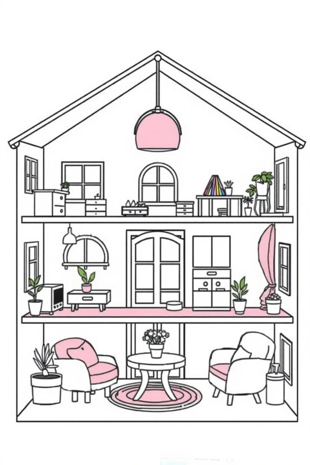 Colorful doll house coloring page for kids with charming designs