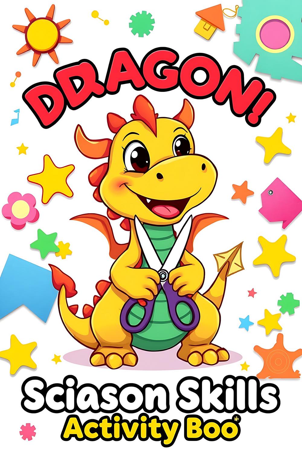 Colorful dragon holding scissors, perfect for kids' activity book.