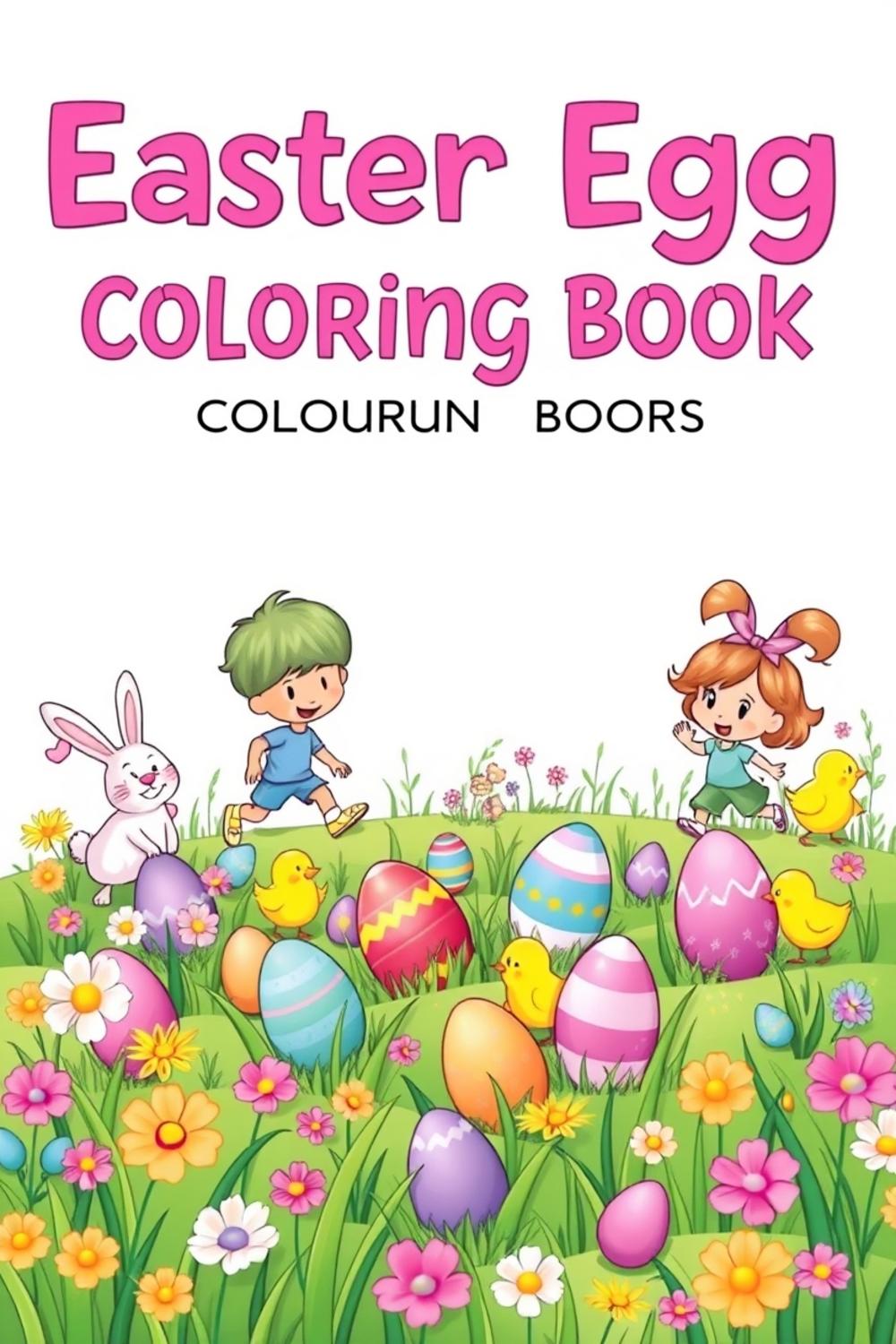 Colorful Easter Egg Hunt Adventure Coloring Book cover with kids and bunnies.