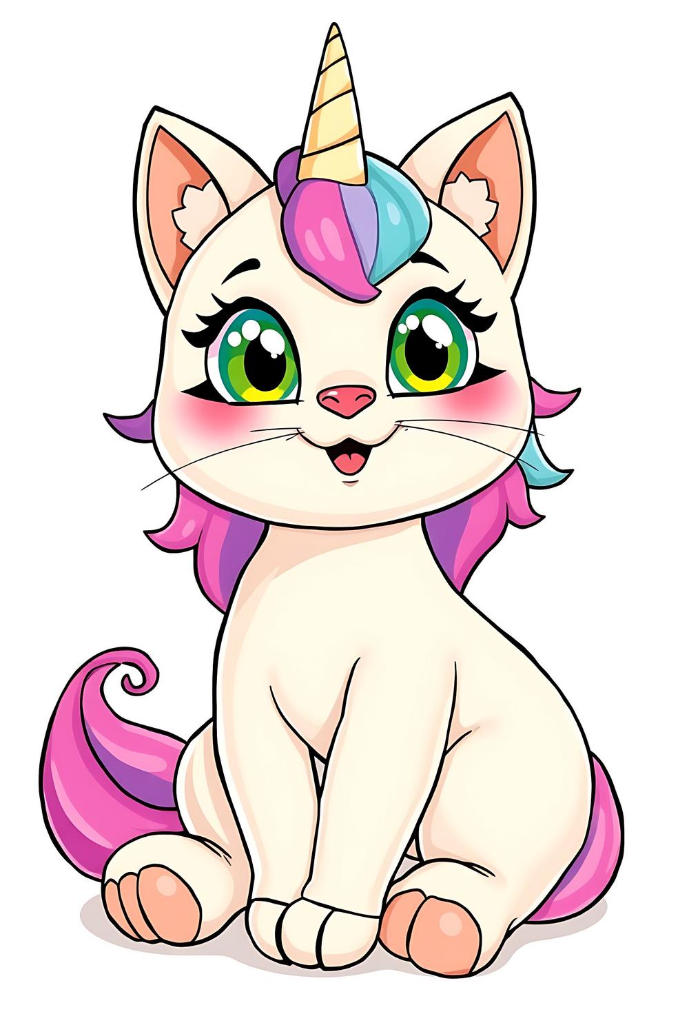 Colorful illustration of an adorable cat-unicorn hybrid with sparkling eyes