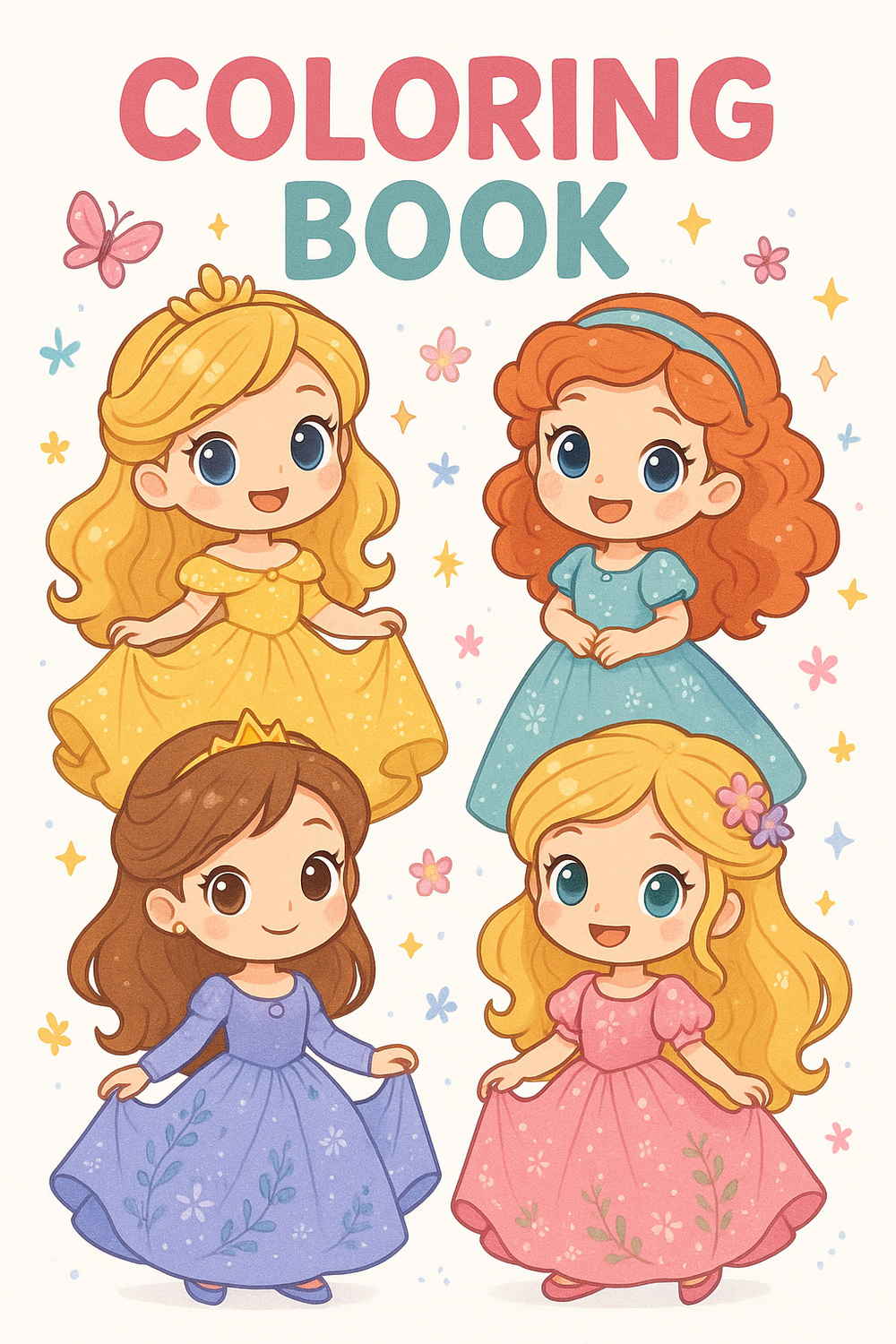 Colorful chibi princess coloring book cover featuring delightful characters with elegant dresses