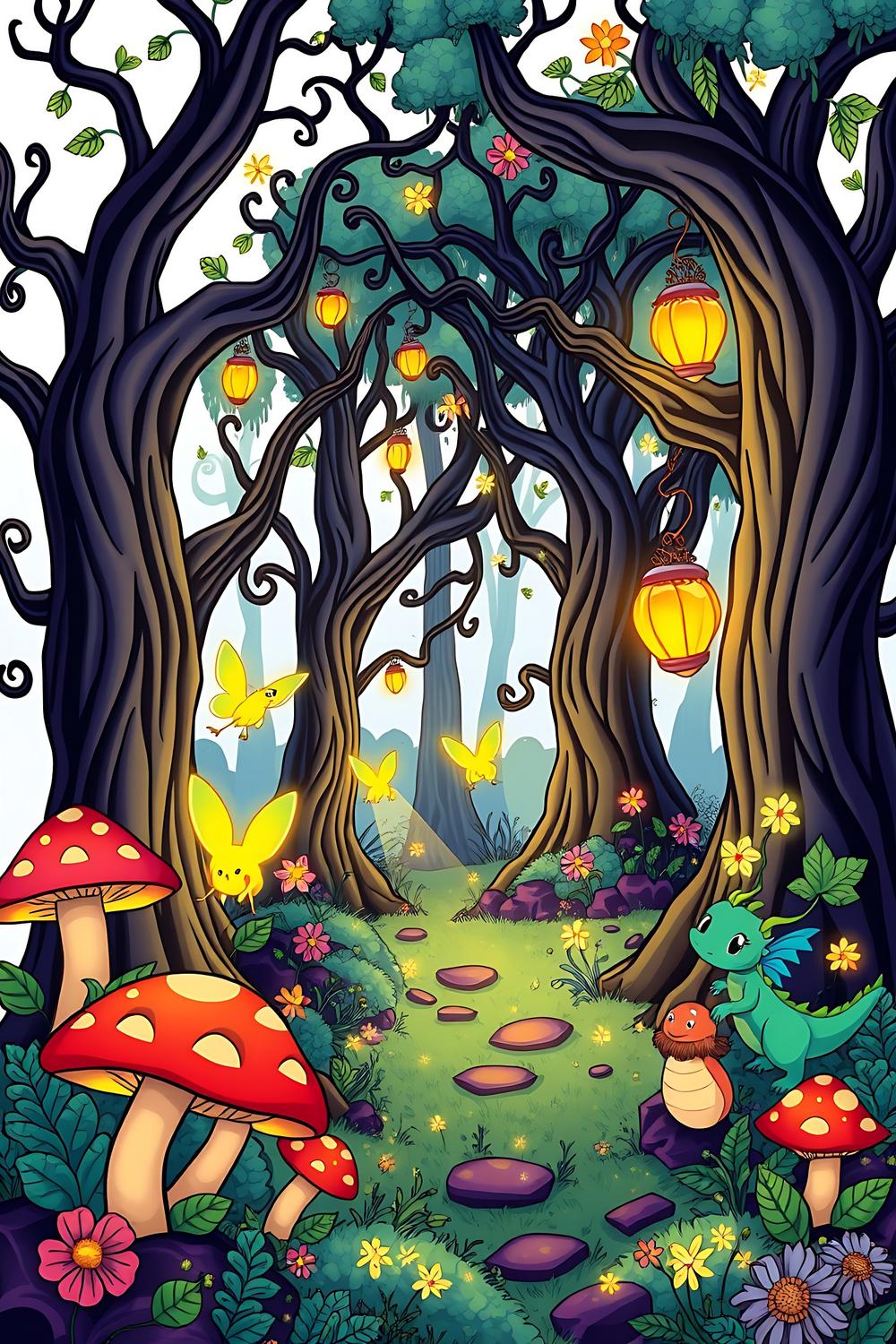 Colorful Enchanted Gothic Forest Coloring Book cover with friendly mythical creatures