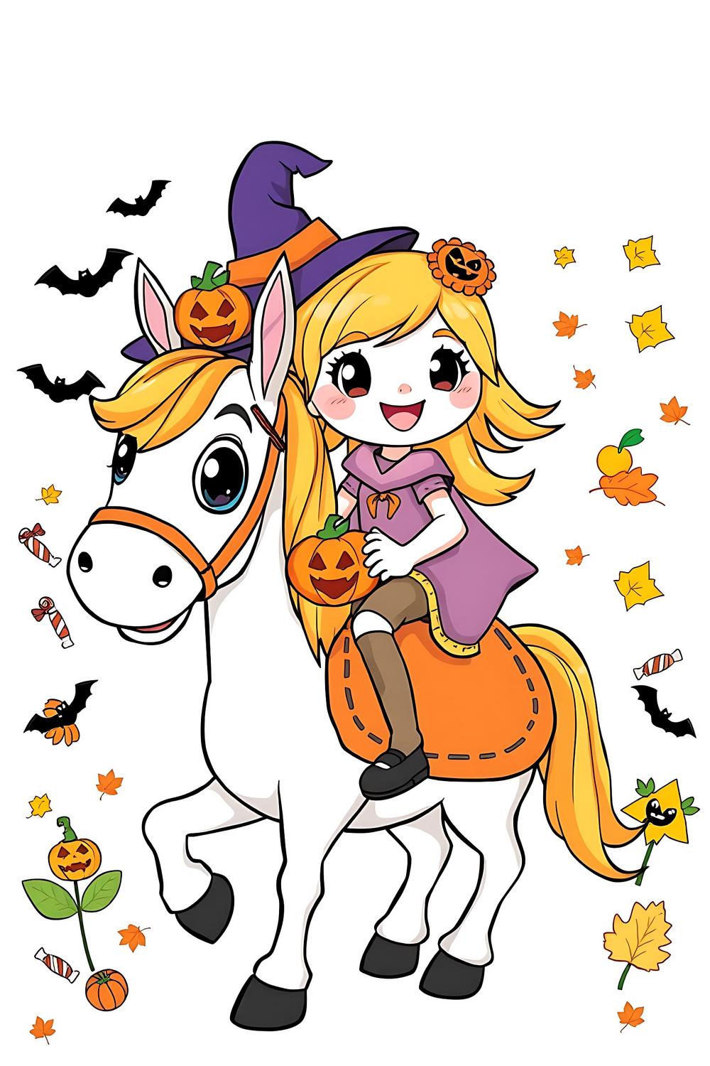 Halloween girl riding a horse coloring page perfect for kids