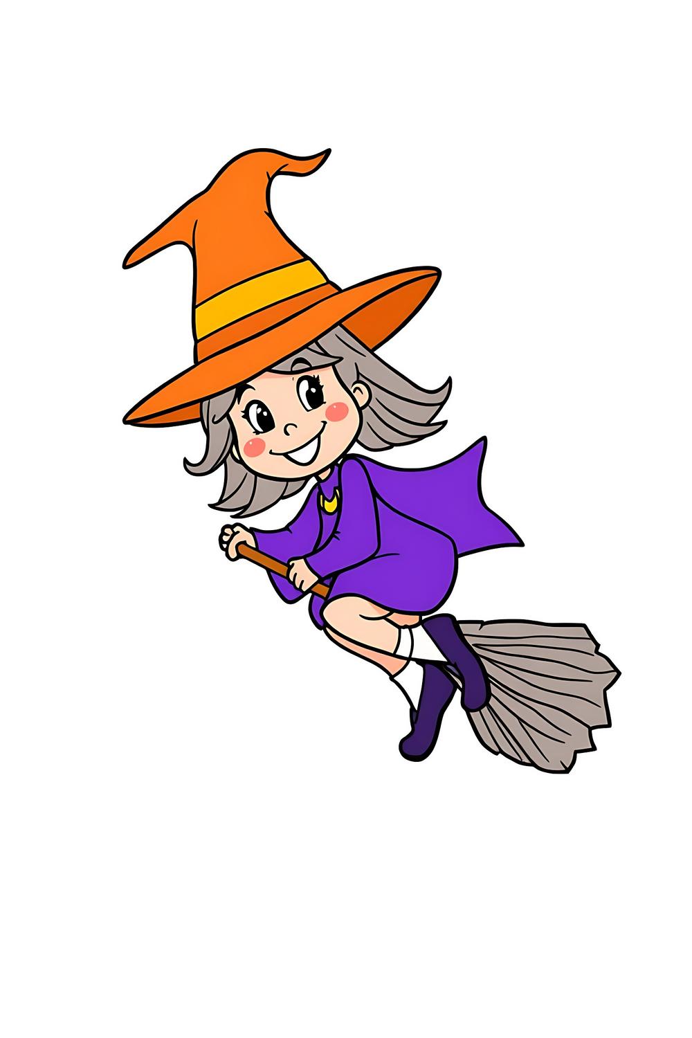Cheerful witch flying on a broomstick, vibrant kids coloring page
