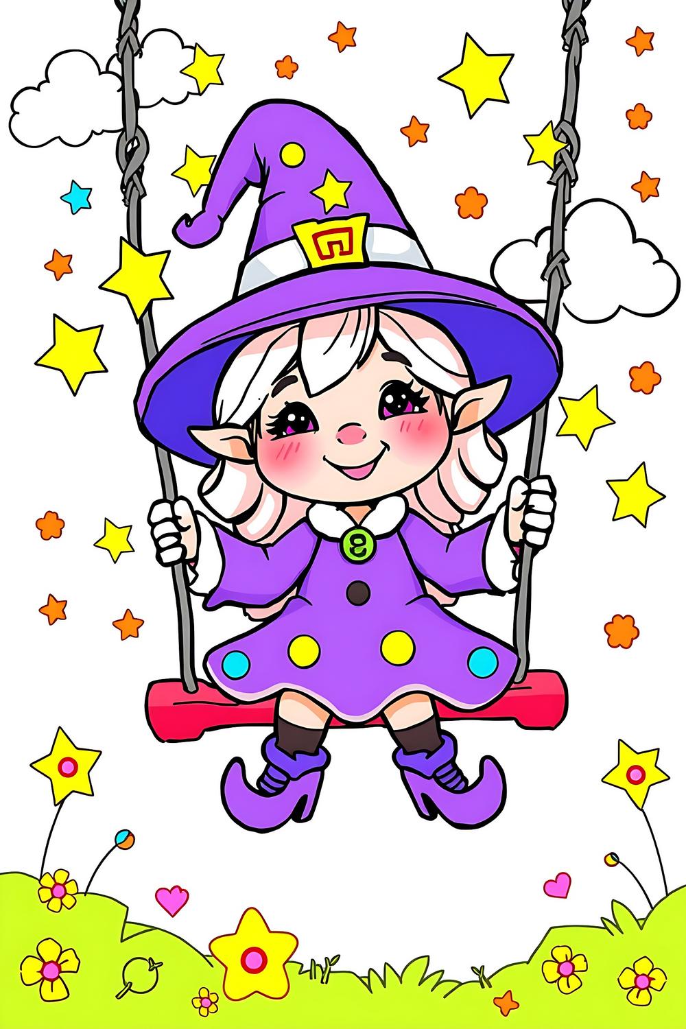Kids coloring page featuring a cute witch on a swing, ideal for inspiring creativity in children.