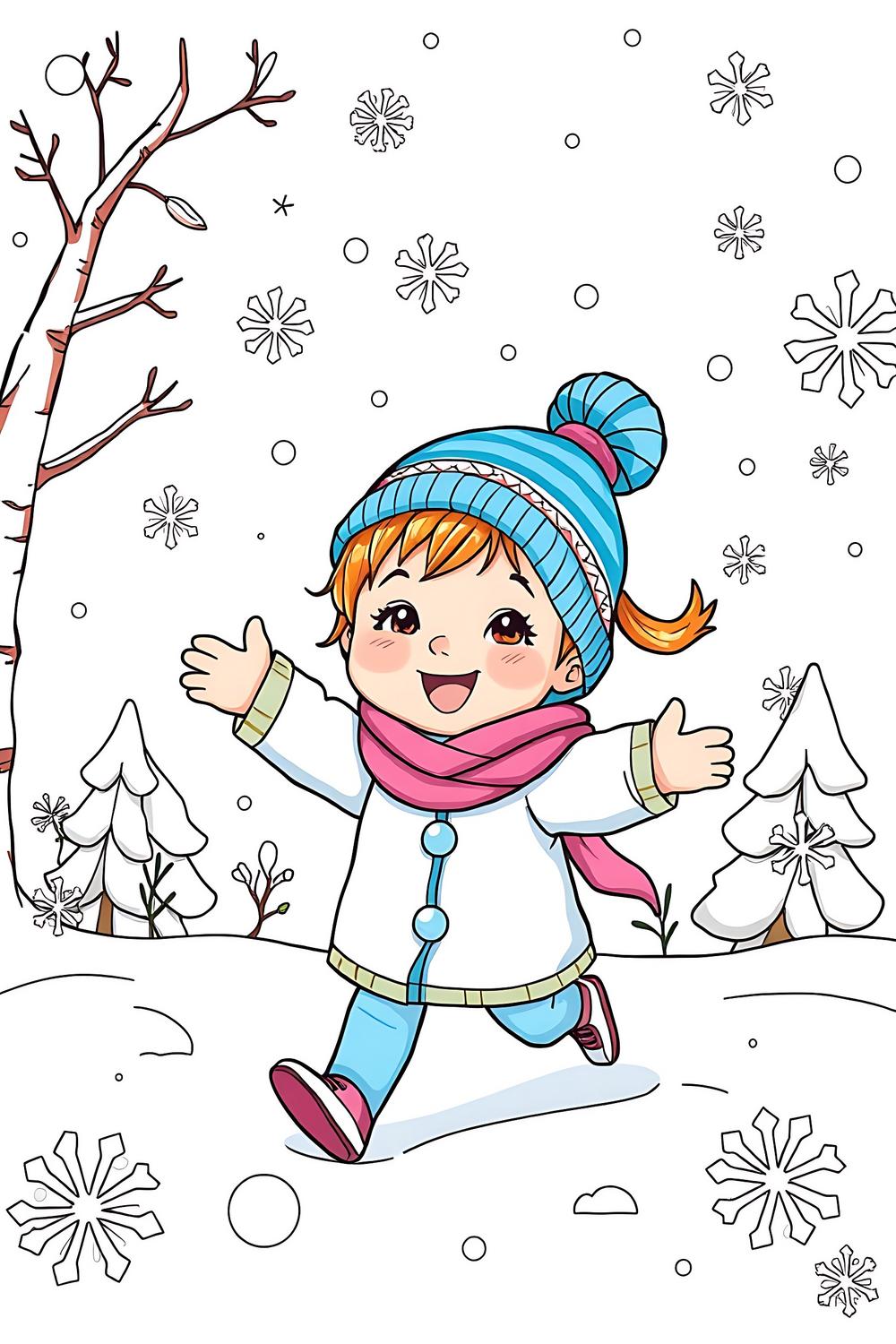 A joyful little girl playing in the snow, ready to color winter-themed pages.