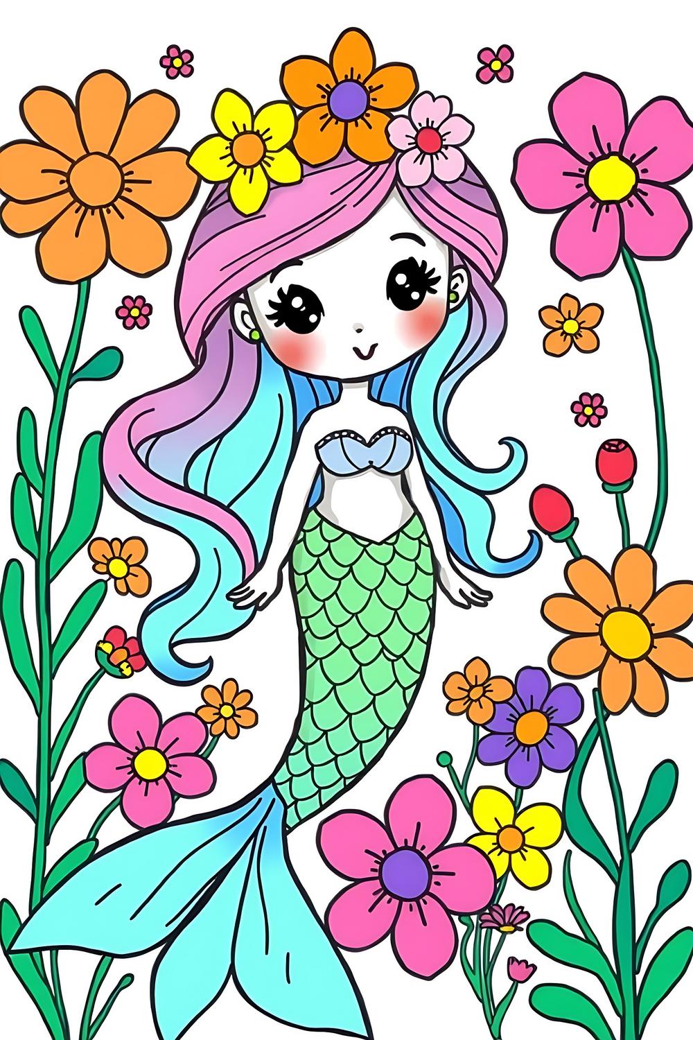 A vibrant illustration of a playful mermaid surrounded by colorful flowers, ideal for kids' coloring activities.