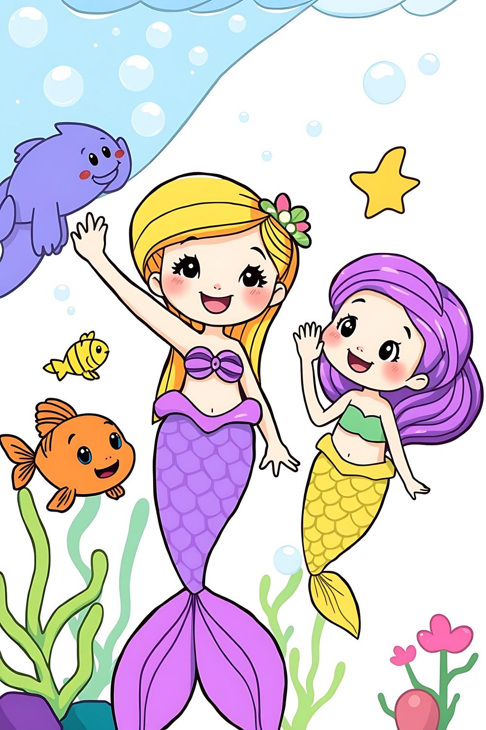 Adorable mermaid children coloring book featuring playful sea creatures.