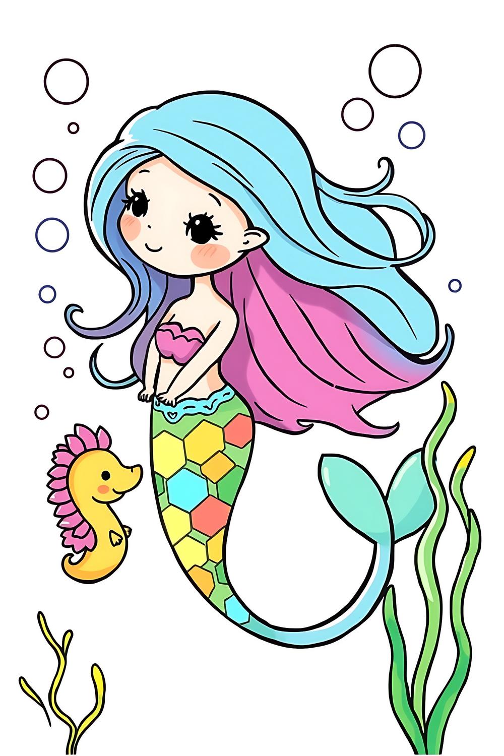Colorful illustration of a mermaid and seahorse for kids' coloring pages